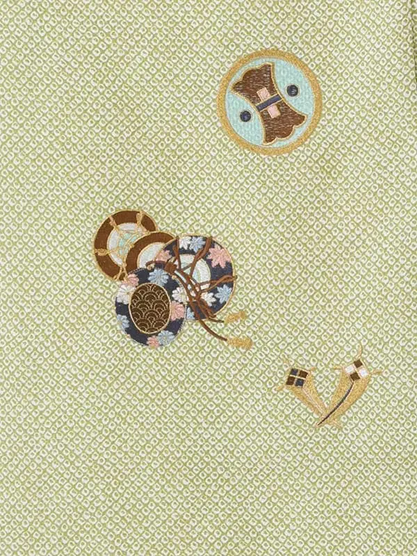 男児産着 1106 絞り柄 鹿の子 グリーン 鷹 宝尽くし 総刺繍