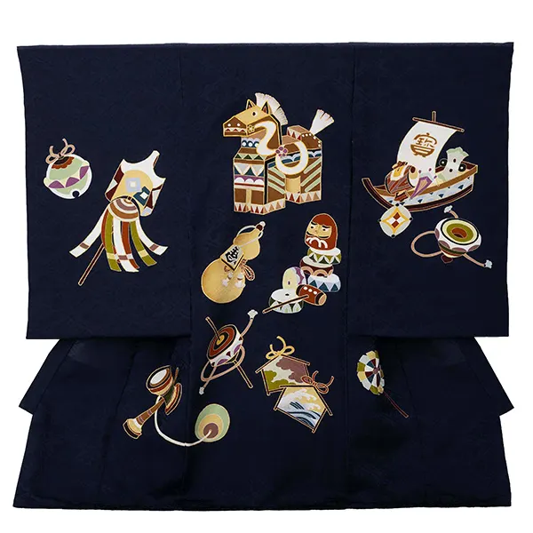 男児産着 1111 正絹 紺 左馬に縁起づくし