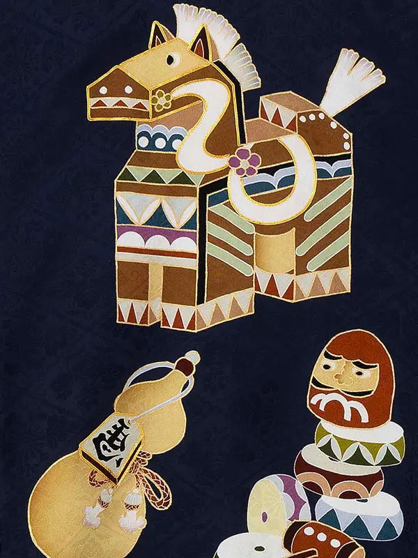 男児産着 1111 正絹 紺 左馬に縁起づくし