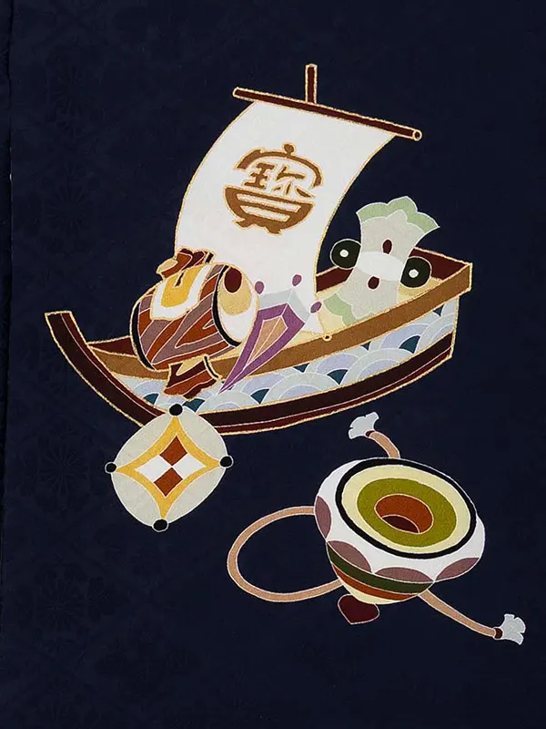 男児産着 1111 正絹 紺 左馬に縁起づくし