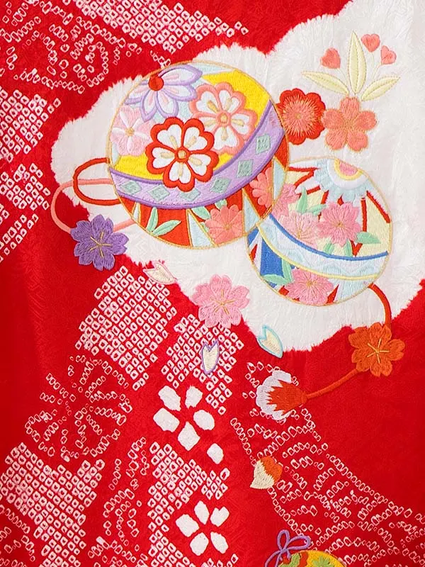 女児産着 2089 正絹 赤  本絞り 大熨斗に毬(刺繍）高級品