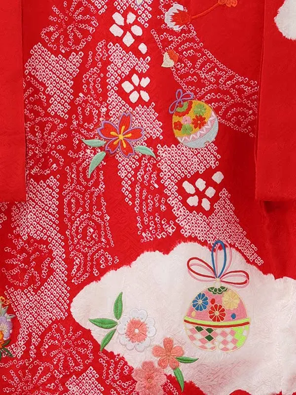 女児産着 2089 正絹 赤  本絞り 大熨斗に毬(刺繍）高級品