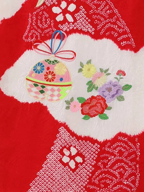 女児産着 2089 正絹 赤  本絞り 大熨斗に毬(刺繍）高級品