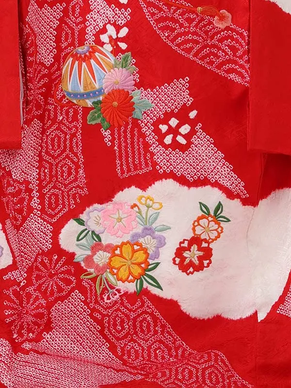 女児産着 2090 正絹 赤  本絞り 大熨斗に花車(刺繍）高級品