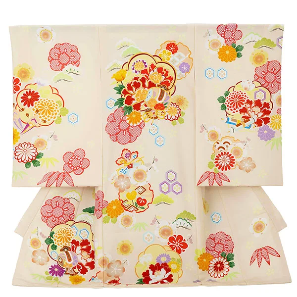 女児産着 2096 ベージュ ねじり梅 牡丹に小槌