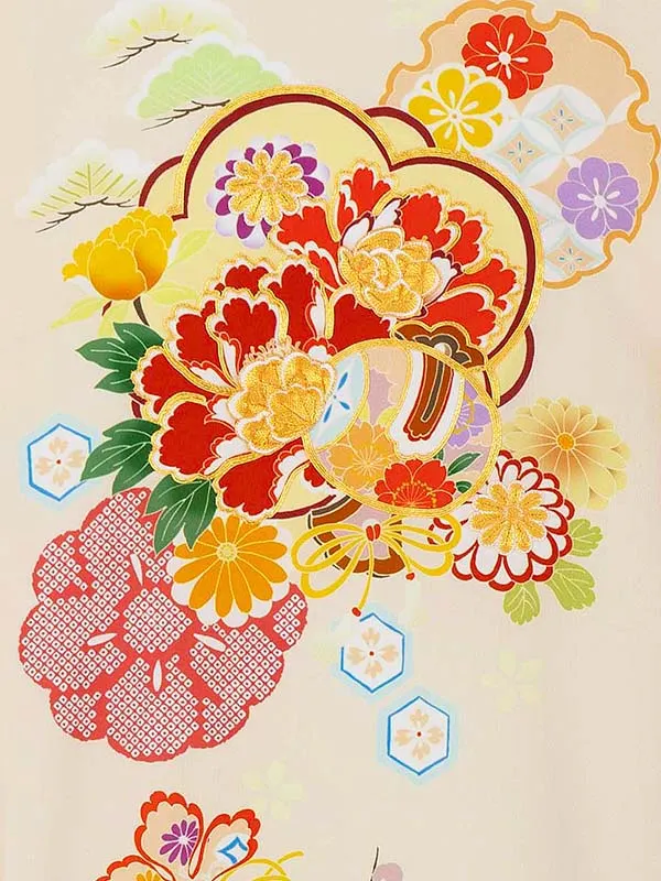 女児産着 2096 ベージュ ねじり梅 牡丹に小槌