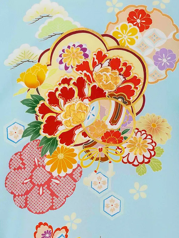 女児産着 2097 水色 ねじり梅 牡丹に小槌