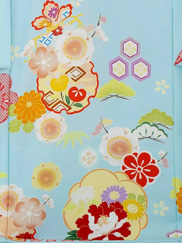 女児産着 2097 水色 ねじり梅 牡丹に小槌