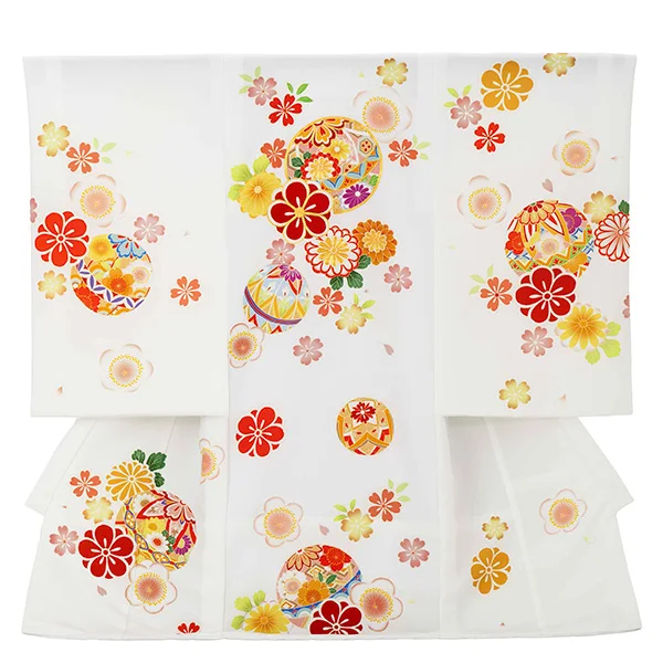 女児産着 2098 白 毬に梅・菊・桜