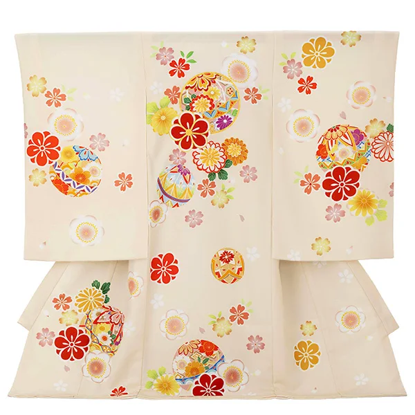 女児産着 2099 ベージュ 毬に梅・菊・桜