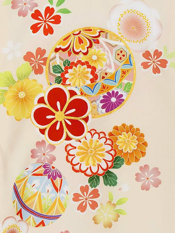 女児産着 2099 ベージュ 毬に梅・菊・桜