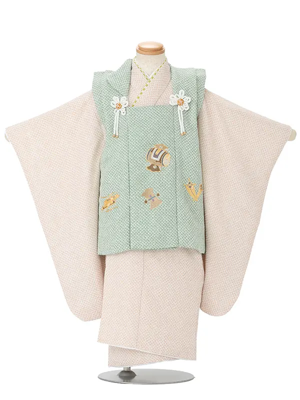七五三男児2歳 114B モスグリーン/ベージュ 絞り調 鹿の子 宝尽くし刺繍