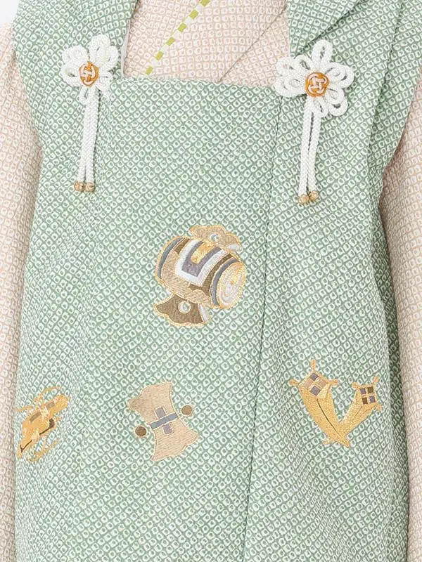七五三男児2歳 114B モスグリーン/ベージュ 絞り調 鹿の子 宝尽くし刺繍