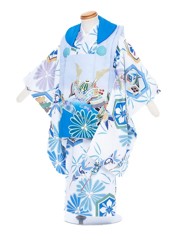 七五三男児３歳　花うさぎ　322B  ブルー 水色 兜 矢 菊 /白 矢 菊
