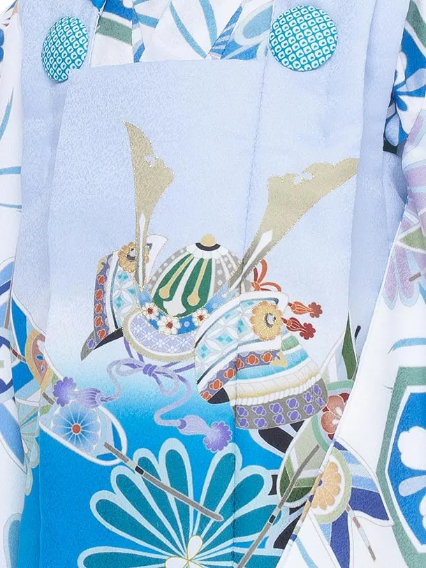 七五三男児３歳　花うさぎ　322B  ブルー 水色 兜 矢 菊 /白 矢 菊