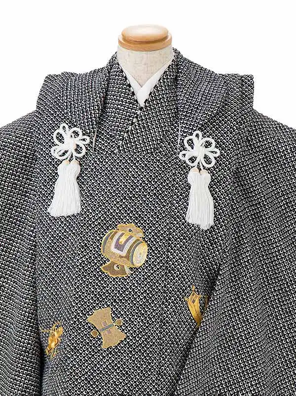 七五三男児3歳 459B 白黒 絞り調 鹿の子宝尽くし刺繍