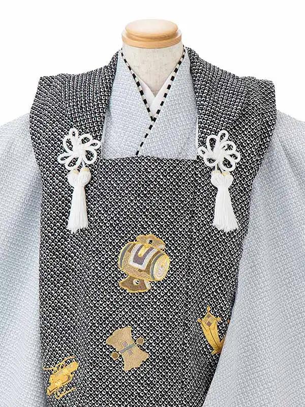 七五三男児3歳 460B 白黒/ブルーグレー 絞り調 鹿の子宝尽くし刺繍