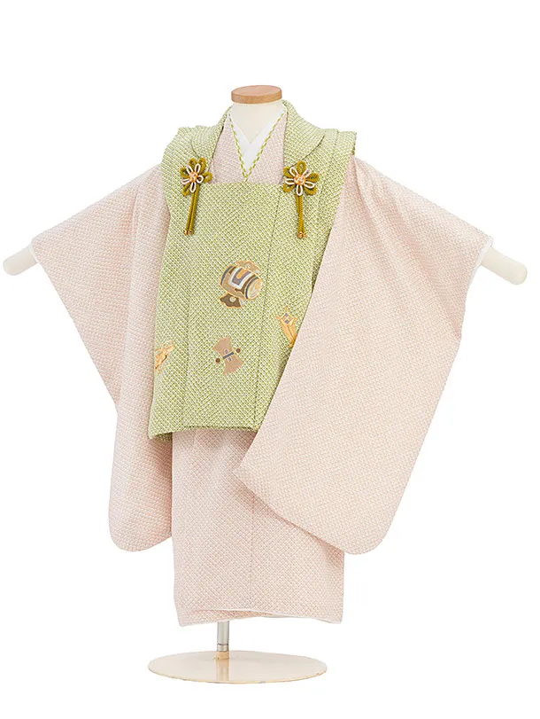 七五三男児3歳 466B グリーン/ベージュ 絞り調 鹿の子宝尽くし刺繍