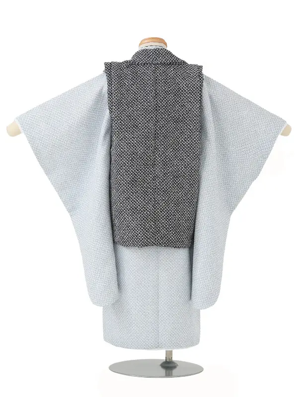 七五三男児3歳 467B 黒/ブルーグレー 絞り調 鹿の子 鷹に武具刺繍