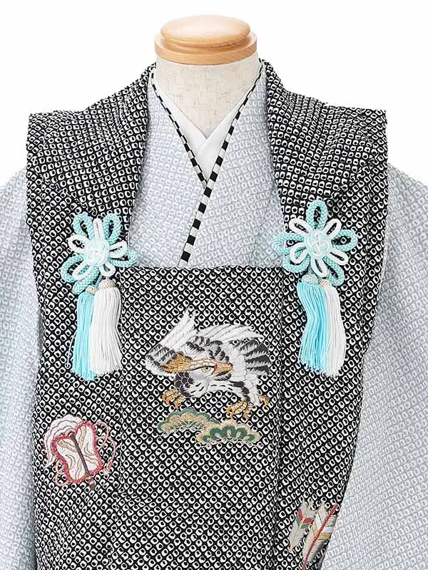 七五三男児3歳 467B 黒/ブルーグレー 絞り調 鹿の子 鷹に武具刺繍