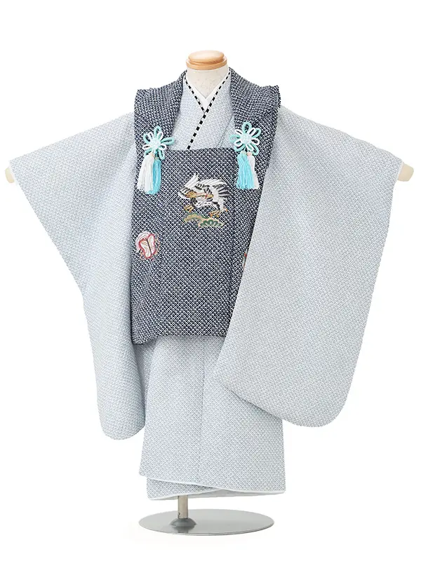 七五三男児3歳 468B 紺/ブルーグレー 絞り調 鹿の子 鷹に武具刺繍