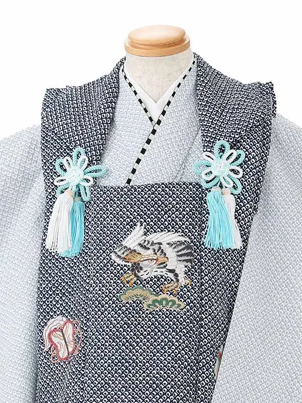 七五三男児3歳 468B 紺/ブルーグレー 絞り調 鹿の子 鷹に武具刺繍