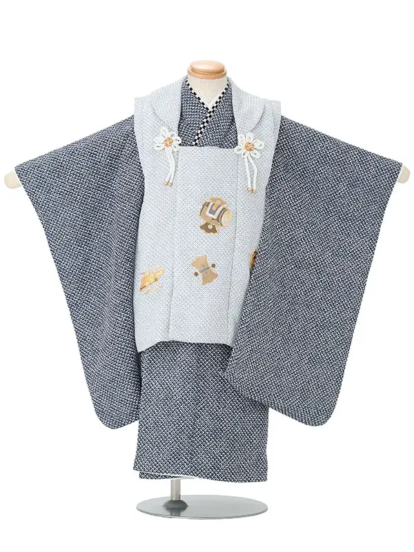 七五三男児3歳 469B ブルーグレー/紺 絞り調 鹿の子 宝尽くし刺繍