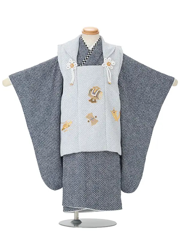 七五三男児3歳 469B ブルーグレー/紺 絞り調 鹿の子 宝尽くし刺繍