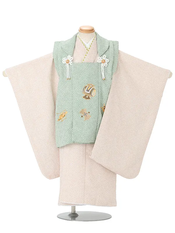 七五三男児3歳 470B モスグリーン/ベージュ 絞り調 鹿の子 宝尽くし刺繍