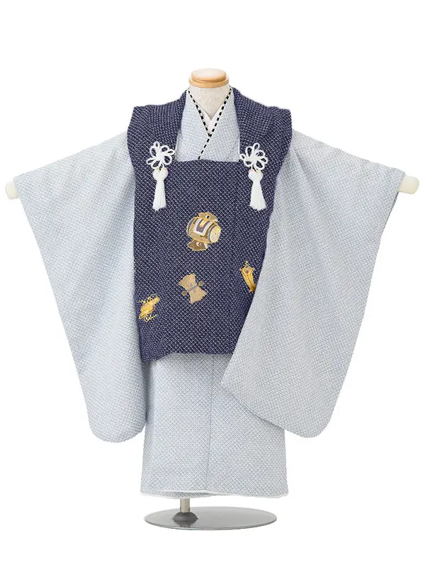 七五三男児3歳 471B 紺/ブルーグレー 絞り調 鹿の子 宝尽くし刺繍