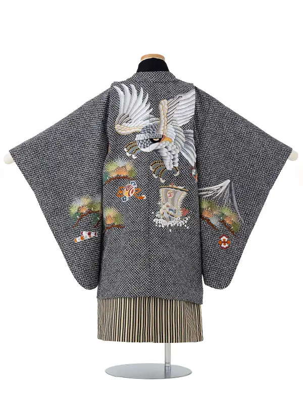 かんたん七五三男児5歳6歳 5591 黒 鹿の子 搾り調 鷹に宝船・富士/金縞
