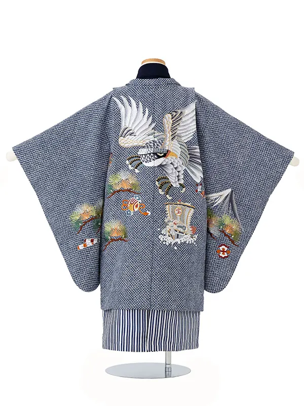 かんたん七五三男児4歳5歳 5594 紺 鹿の子 搾り調 鷹に宝船・富士/銀縞