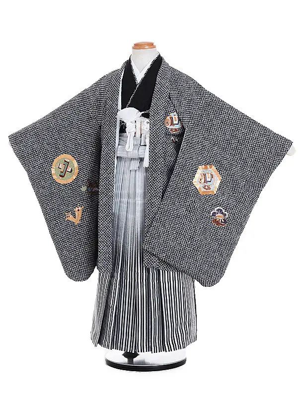 かんたん七五三男児 5歳 黒 鹿の子 鷹 宝尽くし 刺繍/白黒 銀縞ぼかし