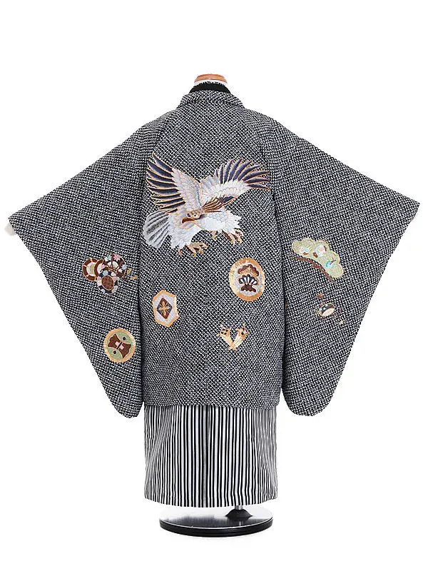 かんたん七五三男児 5歳 黒 鹿の子 鷹 宝尽くし 刺繍/白黒 銀縞ぼかし