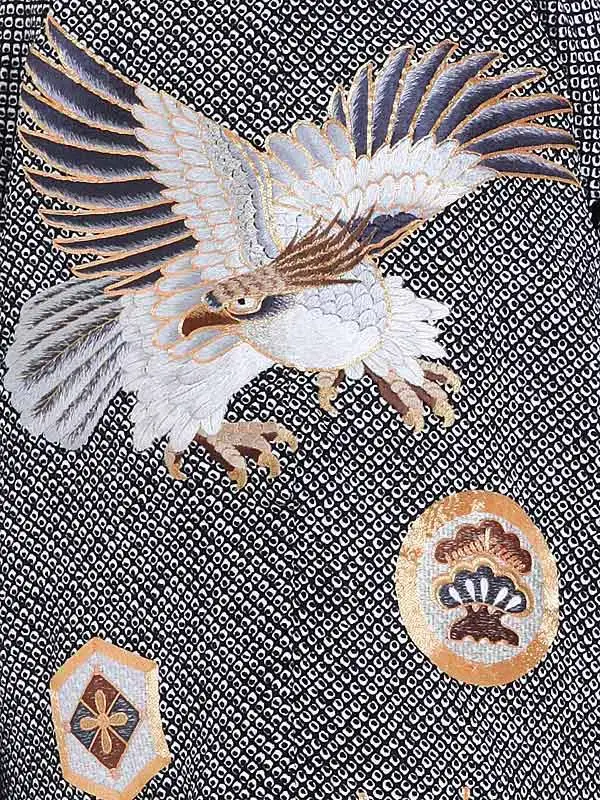 かんたん七五三男児 5歳 黒 鹿の子 鷹 宝尽くし 刺繍/白黒 銀縞ぼかし