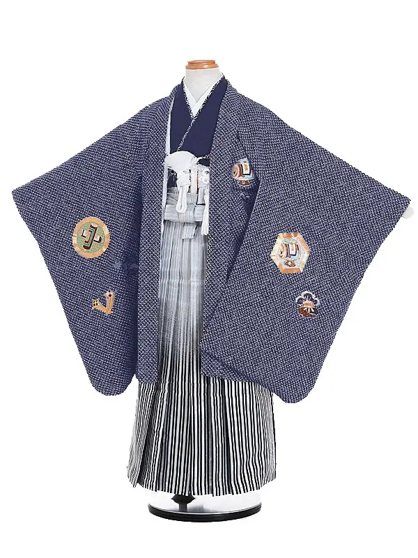 かんたん七五三男児 5歳 5597 紺 鹿の子 鷹 刺繍/白黒 銀縞ぼかし