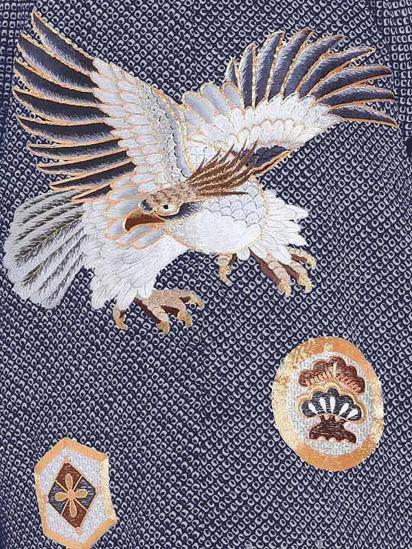 かんたん七五三 男児4歳5歳 5598 紺 鹿の子 鷹 刺繍/白黒 銀縞ぼかし