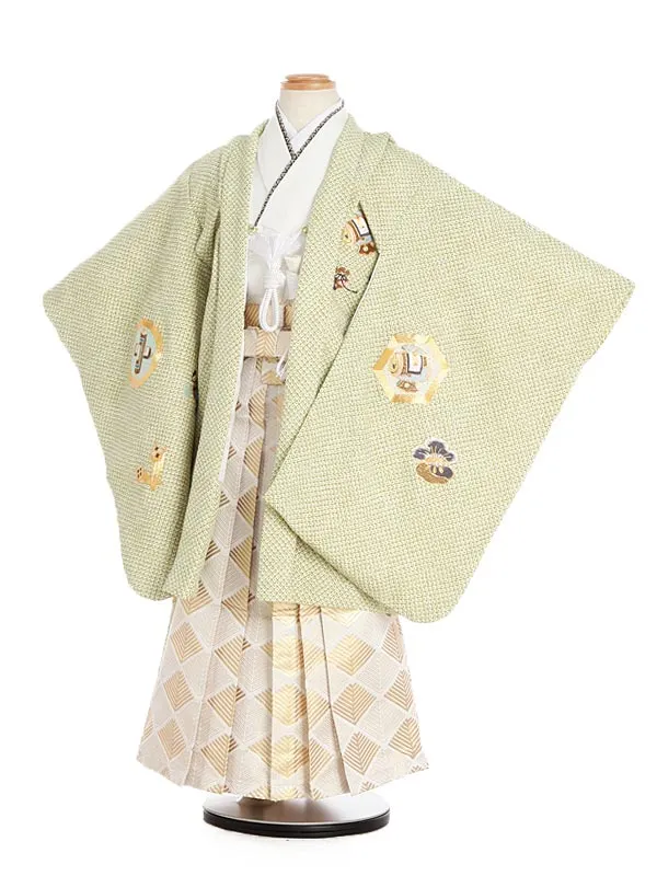 かんたん七五三男児7歳706A グリーン鹿の子 鷹 宝尽くし 刺繍/金 松菱