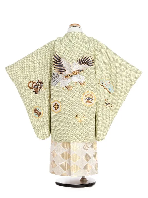 かんたん七五三男児7歳706A グリーン鹿の子 鷹 宝尽くし 刺繍/金 松菱