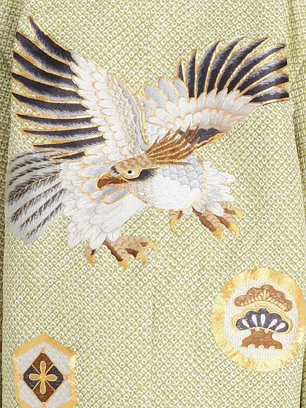 かんたん七五三男児7歳706A グリーン鹿の子 鷹 宝尽くし 刺繍/金 松菱