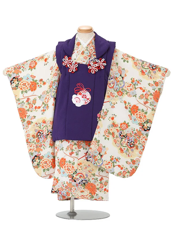 七五三女児 2歳3歳 2032 紫 縮緬 鈴に花雪輪/白 花車