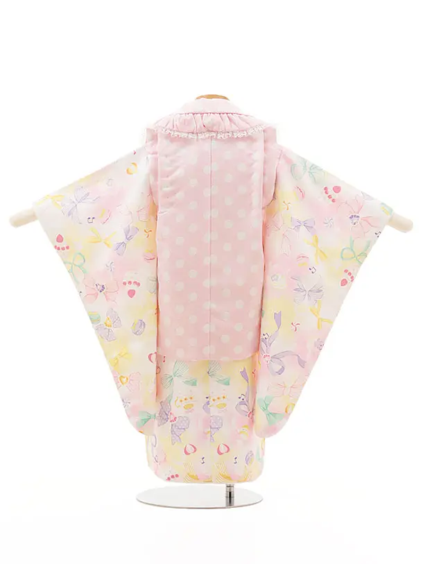 七五三女児3歳3265 ピンク 水玉/パステルイエロー リボンとお菓子