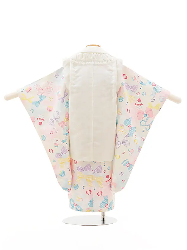 七五三女児3歳3266 オフホワイト 水玉/パステルクリーム リボンとお菓子