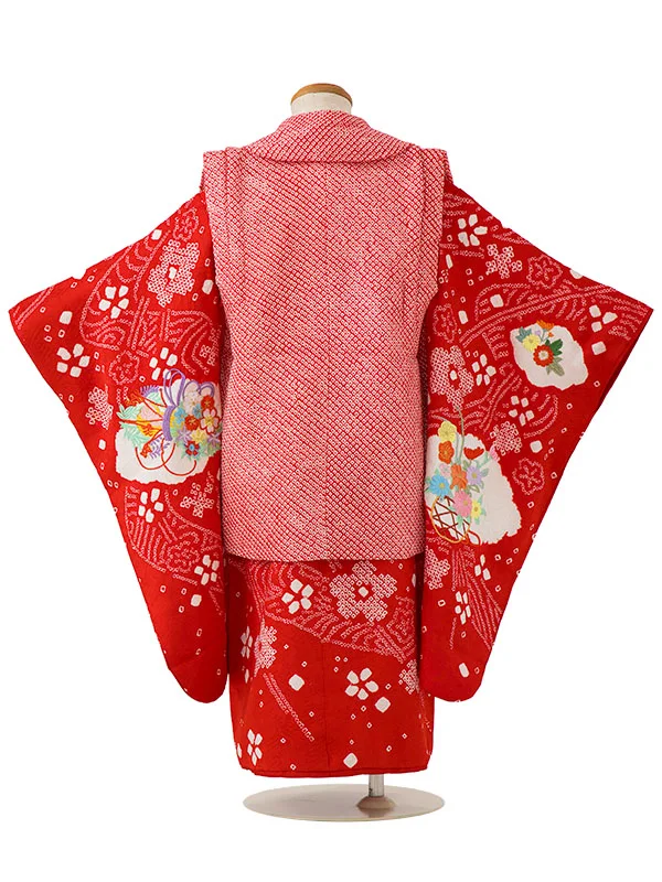 七五三女児3歳3270 正絹　赤　総絞り　まり刺繍/赤　桶絞り　桜