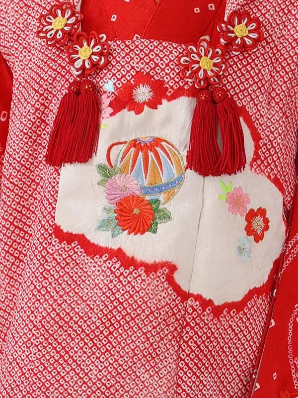 七五三女児3歳3270 正絹　赤　総絞り　まり刺繍/赤　桶絞り　桜