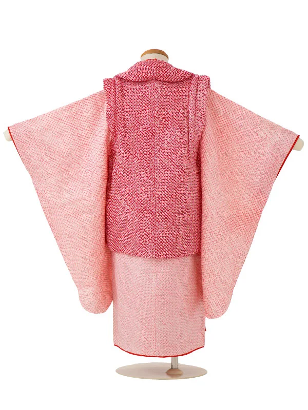 【正絹】七五三女児3歳3275  赤/ピンク 総絞り 毬に桜