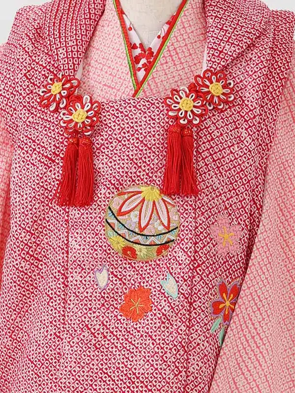 【正絹】七五三女児3歳3275  赤/ピンク 総絞り 毬に桜