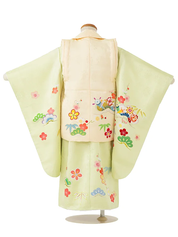 【正絹】七五三女児3歳3278  クリーム/うぐいす色 手描き友禅 松竹梅