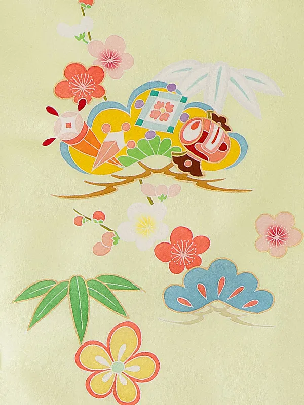 【正絹】七五三女児3歳3278  クリーム/うぐいす色 手描き友禅 松竹梅