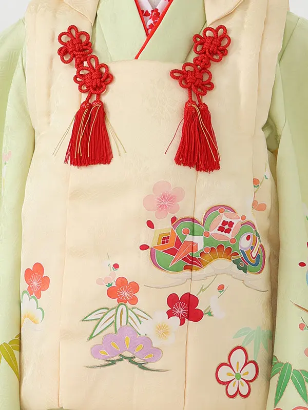【正絹】七五三女児3歳3278  クリーム/うぐいす色 手描き友禅 松竹梅